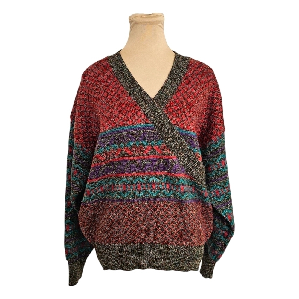 Jack & Jones Red and Green V-Neck Grandpa Sweater